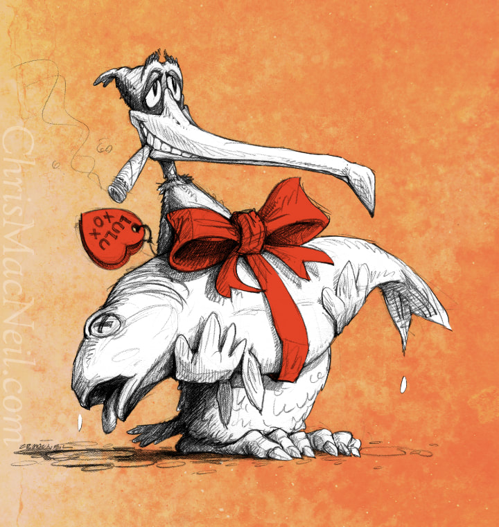 Stylized cartoon art features a pelican-like bird humorously holding a dead fish adorned with a red ribbon and tag, set against an orange backdrop.