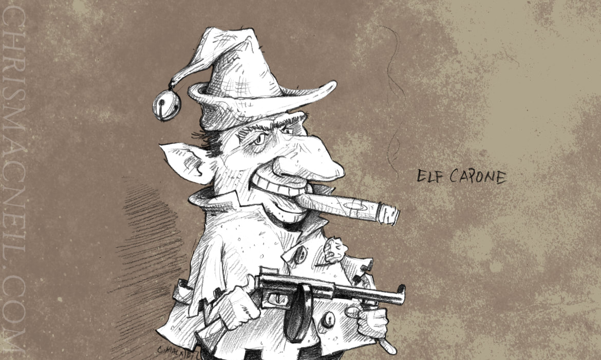Illustration of an elf-like character holding a tommy gun, smoking a cigar, and wearing a Santa hat with jingle bell.