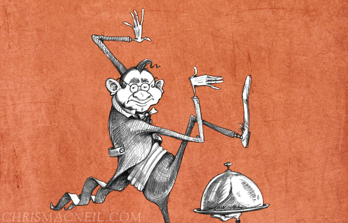 Whimsical pen and ink drawing of a butler balancing a lidded serving dish on one hand, and a shoe on the other, on a textured coral background.