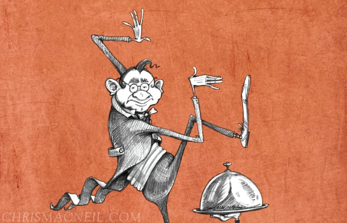 Whimsical pen and ink drawing of a butler balancing a lidded serving dish on one hand, and a shoe on the other, on a textured coral background.
