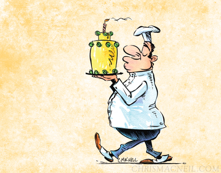 Illustration of a chef with a birthday cake featuring a candle and green decorative swirls against a textured yellow background.