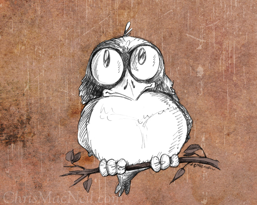 Whimsical illustration of a cartoon owl perched on a branch against a textured brown background, art with large eyes and a curious expression.