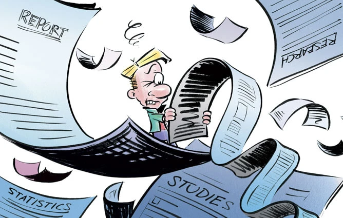 Cartoon illustration of stressed man surrounded by flying reports and papers, evoking pressure from studies and research work.