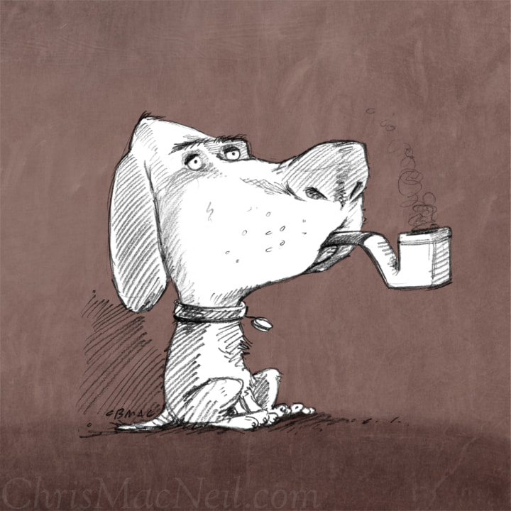 Illustration of a dog sitting and smoking a pipe. The drawing is in grayscale with a textured brown background. The dog wears a collar.