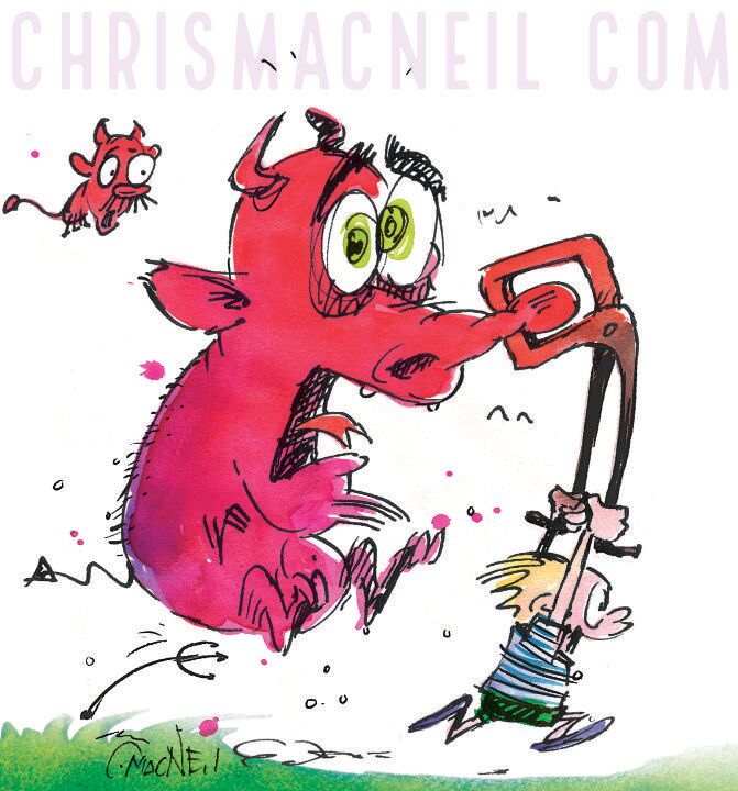Humorous cartoon illustration of a red devil figure chasing a blonde boy on a swing, with another small red devil in the background.