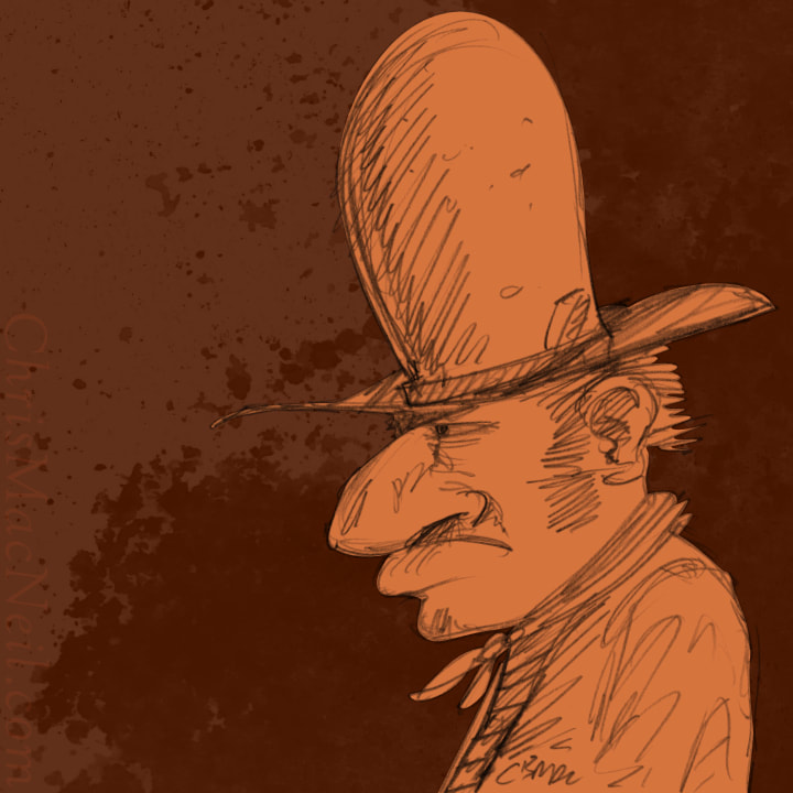 Illustration of a man in profile wearing a tall hat, rendered in a sketch style with textured orange and brown tones.