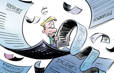 Cartoon illustration of an overwhelmed man reading an endless scroll of paper surrounded by flying reports and research documents.