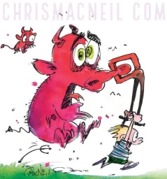 Cartoon illustration of a young boy running with a clamp attached to the snout of a startled pink horned monster.