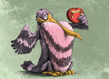 Illustration of a purple and pink cartoon pelican holding up a red heart-shaped gift box with a ribbon labeled Lulu on a green backdrop.