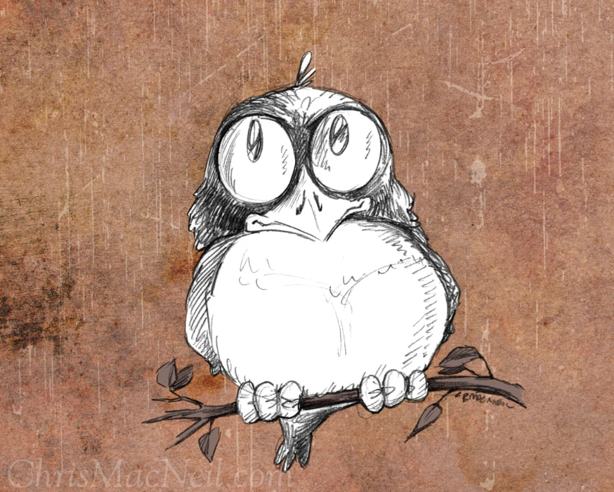 Ink and pencil sketch of a round cartoon bird perched on a leafy branch against a textured brown paper background.