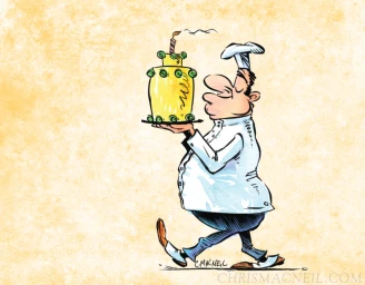 Ink and watercolor illustration of a cartoon chef walking while holding a yellow birthday cake with a burning candle.