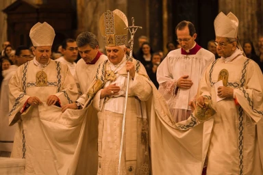 Pope Benedict XVI holding a processional cross surrounded by clergymen wearing ceremonial white robes and mitres in a cathedral.