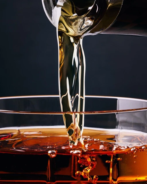 Close-up shot of amber liquid being poured into a glass, showcasing the fluid dynamics and color, with a dark background.