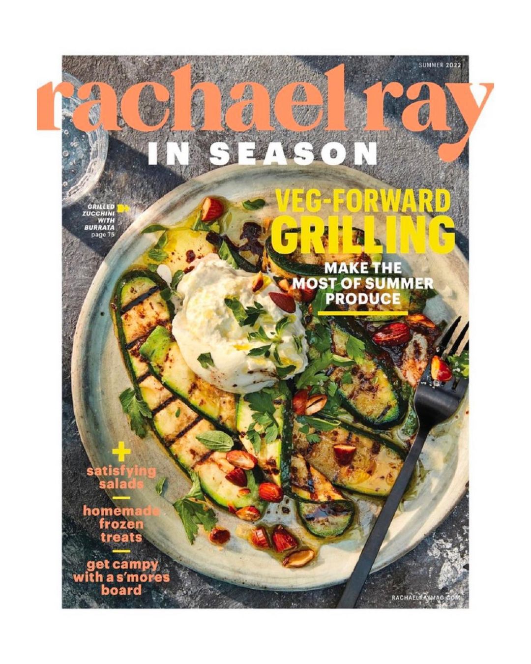 Magazine cover featuring grilled zucchini and burrata salad, promoting veg-forward grilling for summer produce in the Rachael Ray publication.