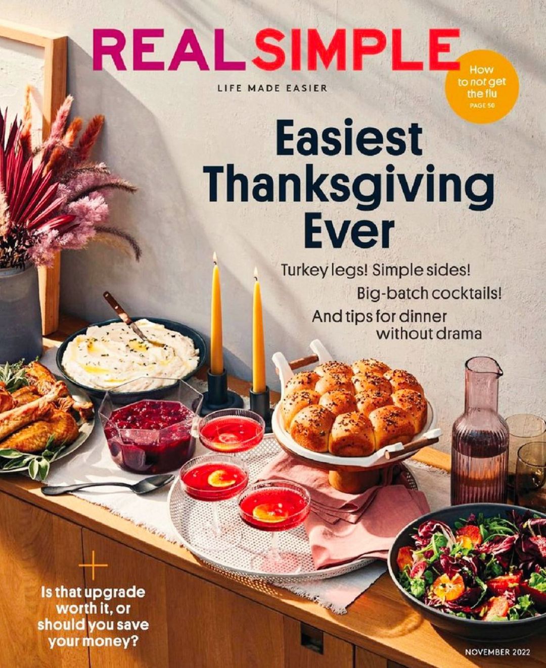 Real Simple magazine cover featuring a Thanksgiving meal with turkey, cranberry sauce, mashed potatoes, dinner rolls, and salad.