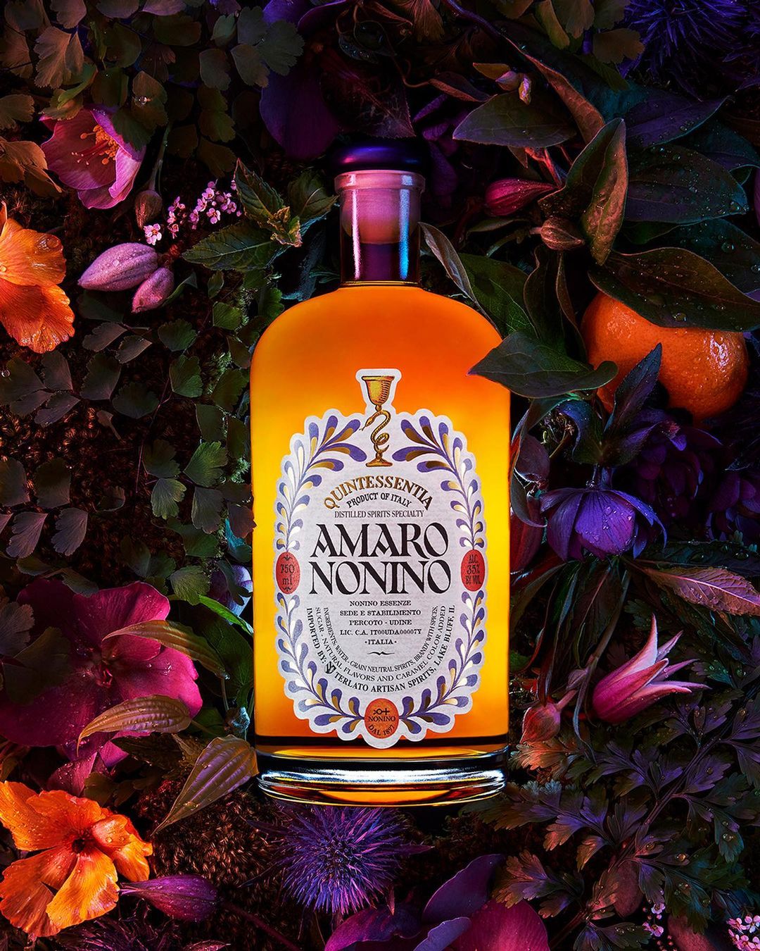 Eye-level still life showcases a golden bottle of Amaro Nonino liqueur amidst vibrant orange flowers and lush, dark foliage.