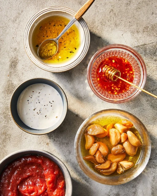 Overhead shot of five bowls of assorted dipping sauces, including red pepper sauce, garlic, creamy white sauce, and yellow herb sauce.
