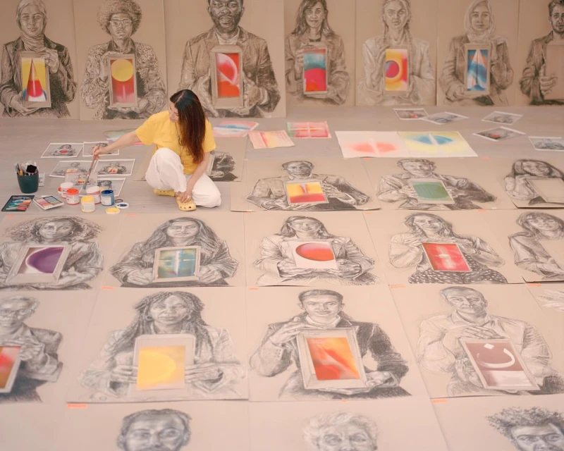 Artist surrounded by charcoal portrait sketches holding painted rectangles, creating a colorful display in a bright, creative studio space.
