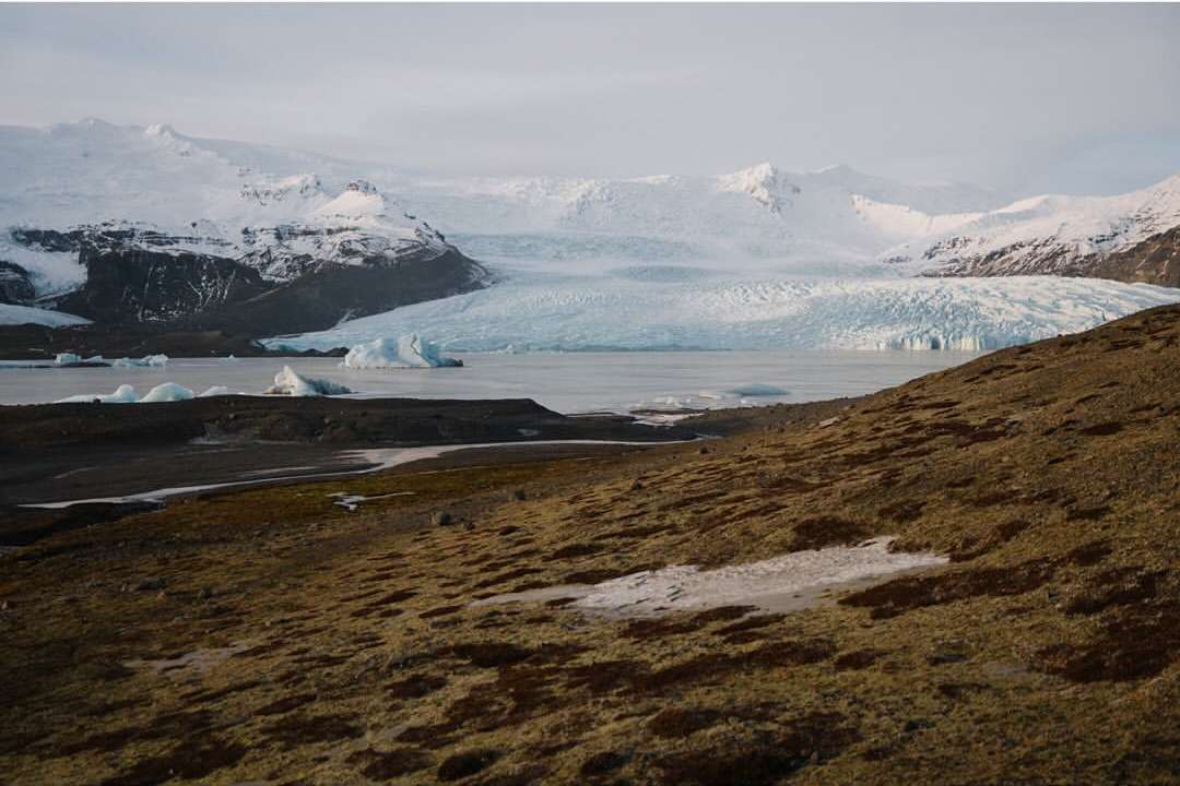Landscape view of a glacial lake with icebergs under a cloudy sky, framed by a grassy hillside, presenting a cold, remote Arctic scenery.