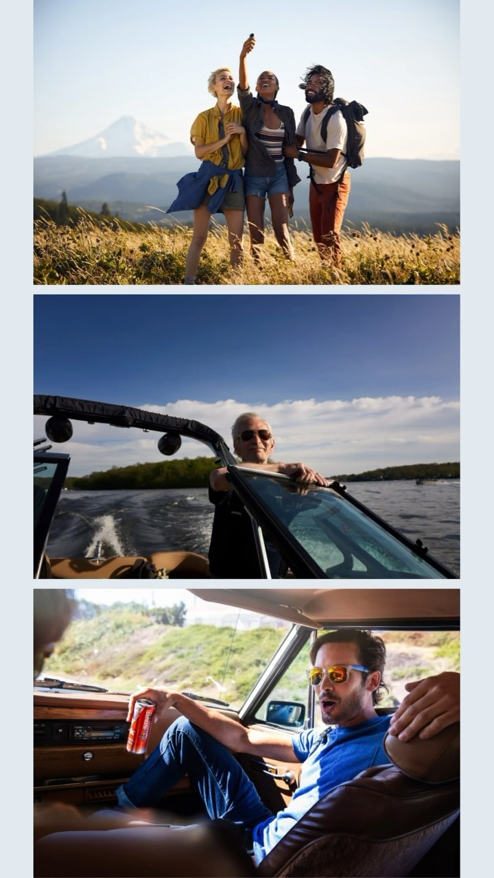 Group of three friends take a selfie on a grassy hill with a snow-capped mountain in the distance; man drives boat; man sits in car.
