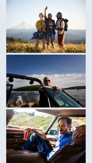 Group of three friends take a selfie on a grassy hill with a snow-capped mountain in the distance; man drives boat; man sits in car.