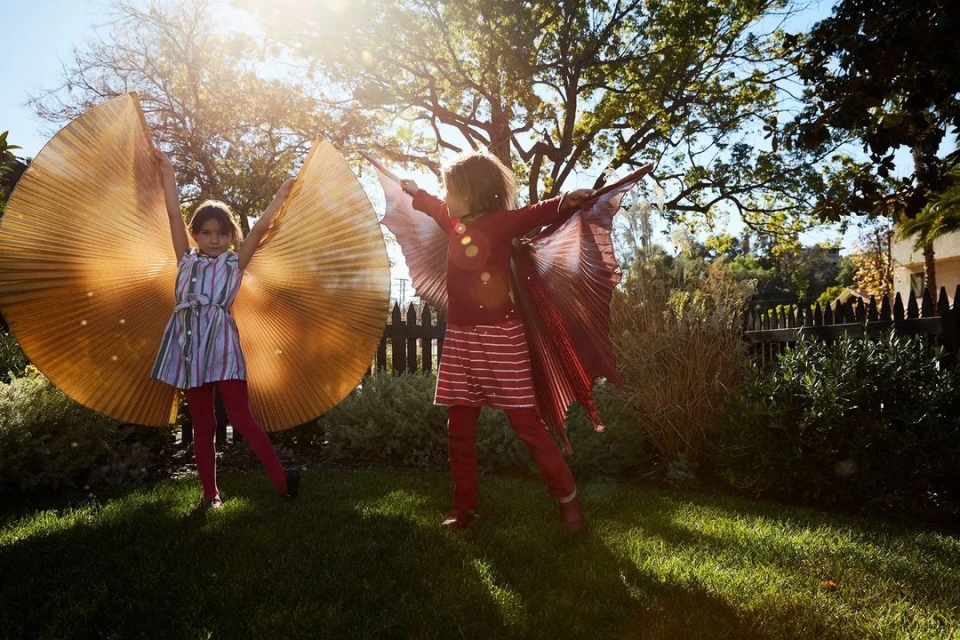 Two children in a sunlit yard wearing gold and red pleated wings and striped dresses, posing outdoors among green grass and plants.