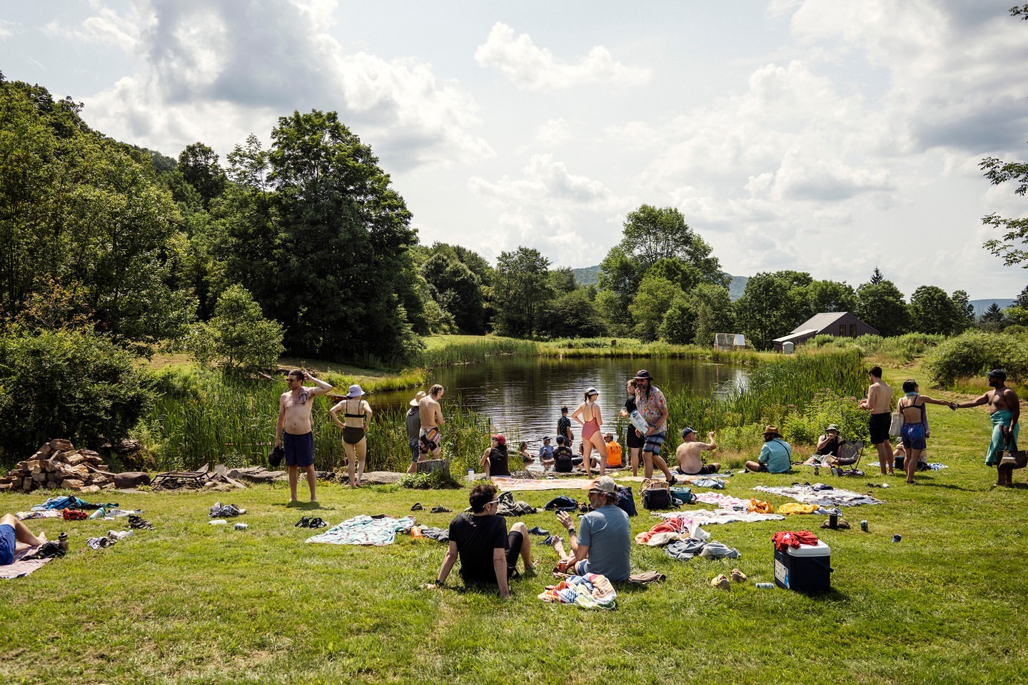 Outdoor gathering on a grassy field next to a pond, with people swimming, sunbathing, and relaxing under a cloudy sky near a forest.