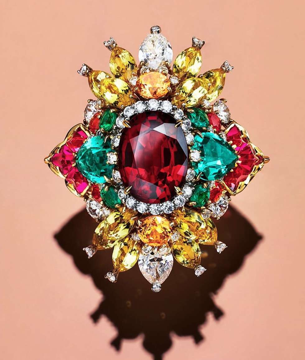 Close-up of a vibrant, multi-colored gemstone brooch featuring a large, central ruby surrounded by emeralds, sapphires, and diamonds.