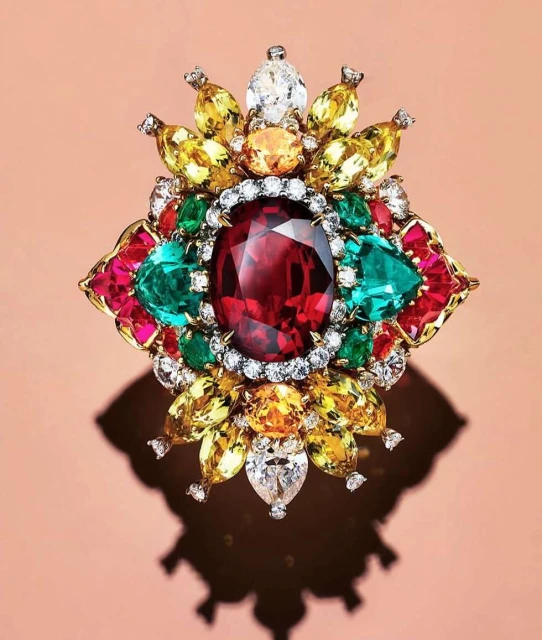 Close-up of a vibrant, multi-colored gemstone brooch featuring a large, central ruby surrounded by emeralds, sapphires, and diamonds.