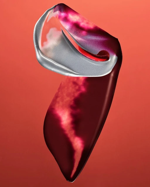 Abstract still life features a fluid, glossy material with a silver-gray edge against a red-orange background, showcasing depth and color transitions.