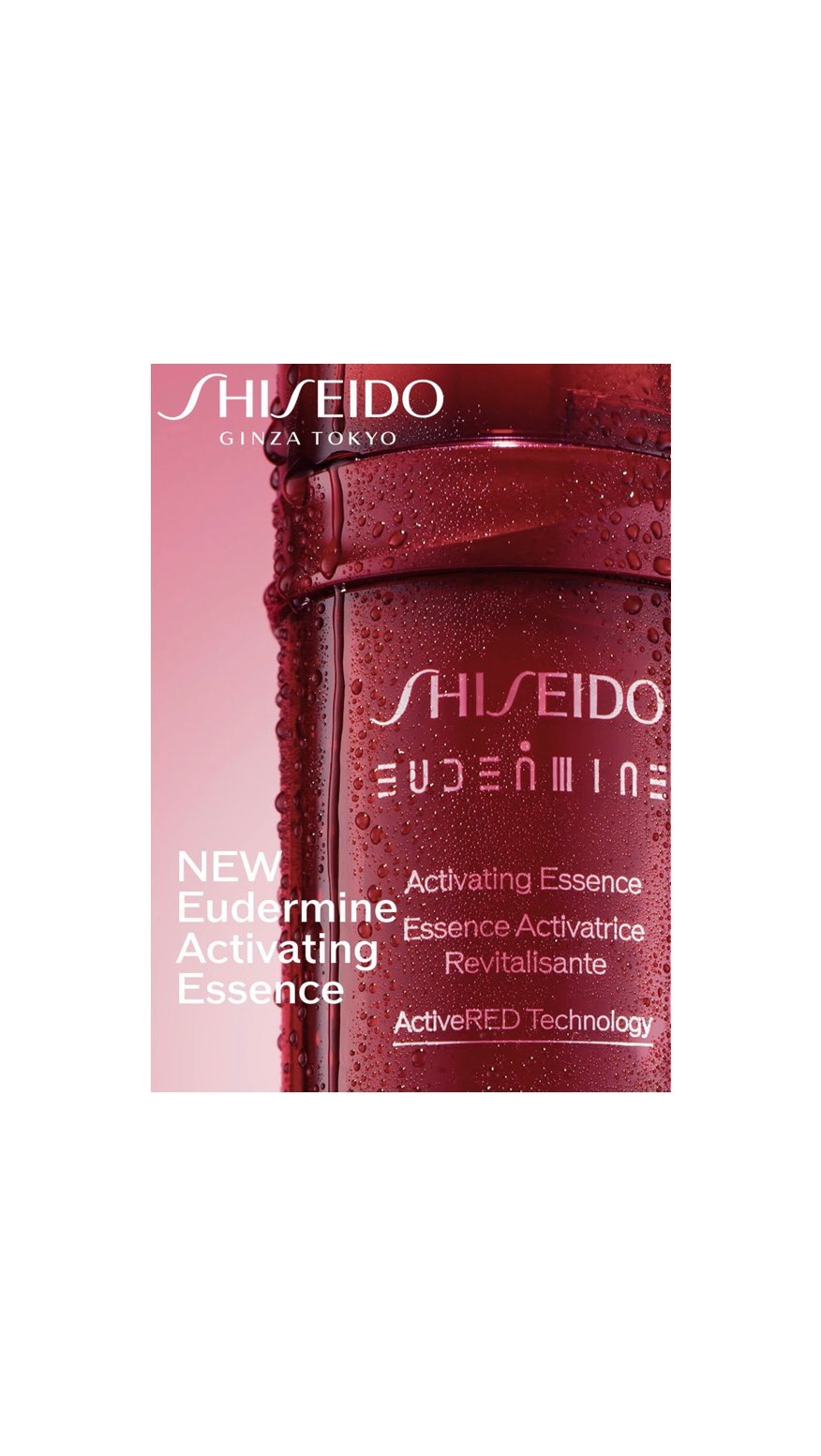 Close-up studio shot of Shiseido Eudermine activating essence, in a red bottle with water droplets, against a pink background.