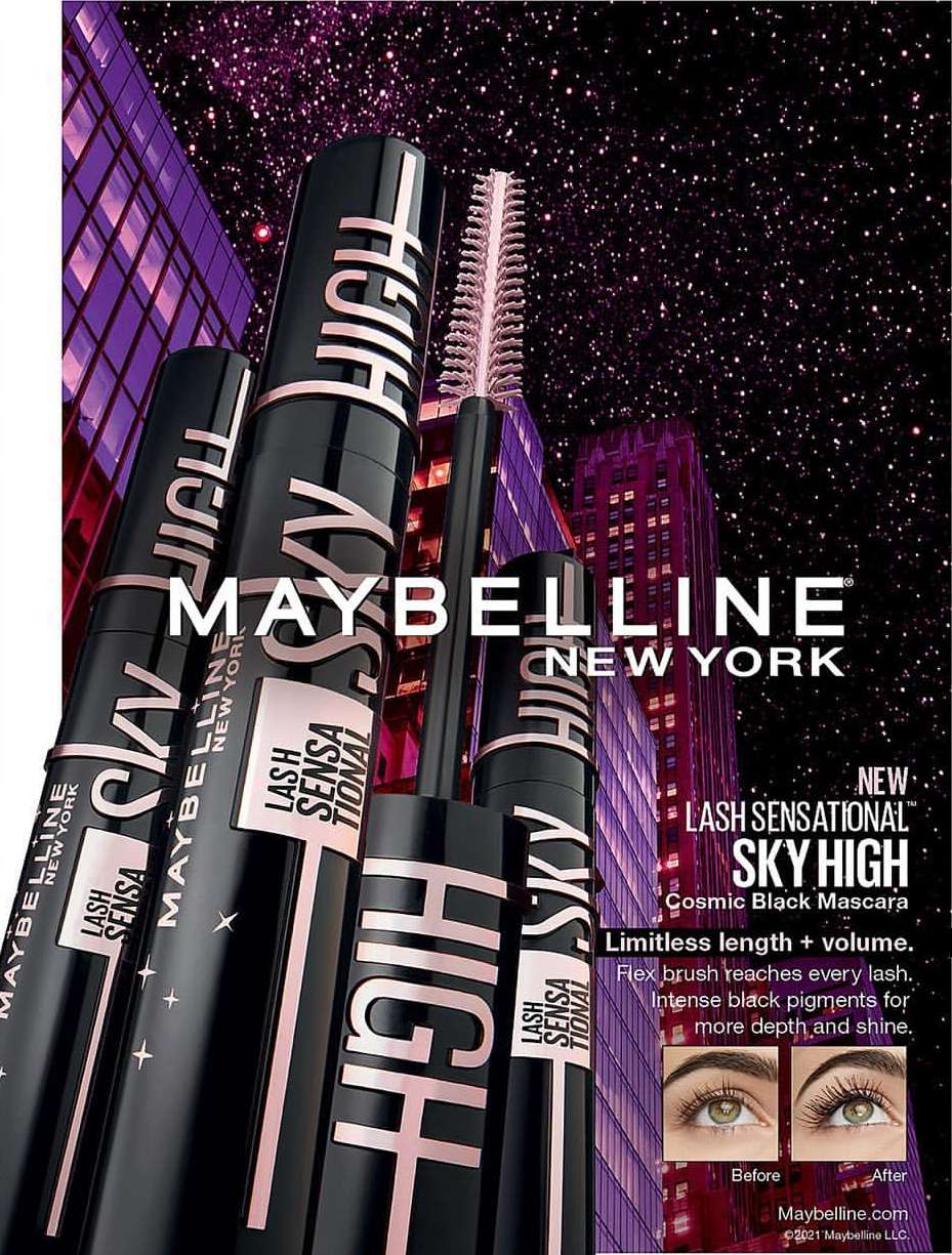 Cosmetic advertisement featuring Maybelline New York Lash Sensational Sky High mascara tubes with buildings and a starry sky backdrop.