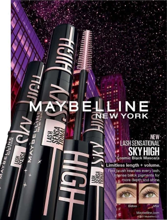 Cosmetic advertisement featuring Maybelline New York Lash Sensational Sky High mascara tubes with buildings and a starry sky backdrop.
