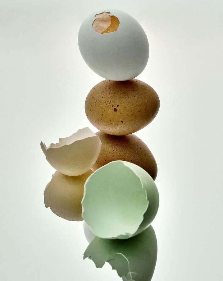 Still life studio shot of stacked eggs and eggshells in neutral colors against a bright white background with a reflecting surface.