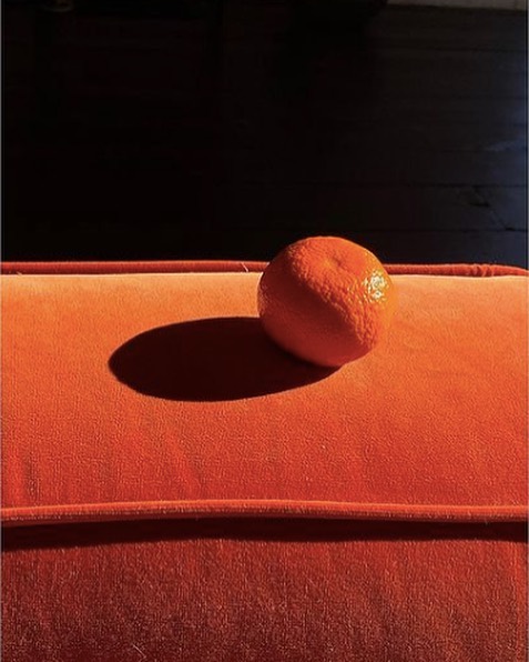 Orange still life featuring a bright citrus fruit positioned on a textured orange surface against a dark background in a minimalist composition.