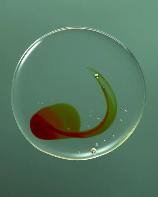 A round, clear petri dish on a green background contains a swirling pattern of green and red liquid with small bubbles.