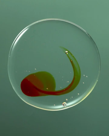 A round, clear petri dish on a green background contains a swirling pattern of green and red liquid with small bubbles.