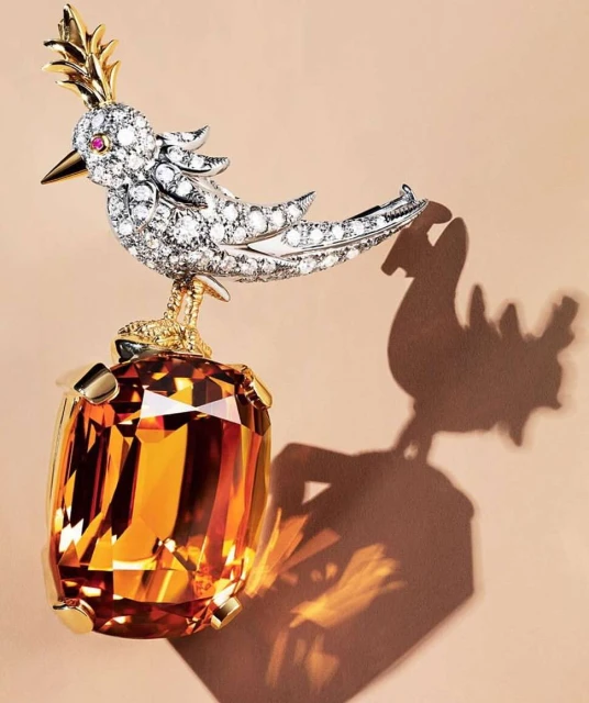 Artistic still life featuring a jeweled bird brooch with diamonds and gold, perched atop a multifaceted orange gemstone on a neutral background.