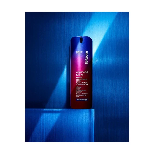 StriVectin advanced retinol bottle in a studio environment, featuring blue background.