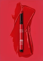 Red lipstick tube resting vertically on top of a thick glossy red lipstick swatch against a solid red background