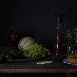 Still life arrangement with a melon, green grapes, figs, cherries, and a decorative decanter on a dark wooden table.