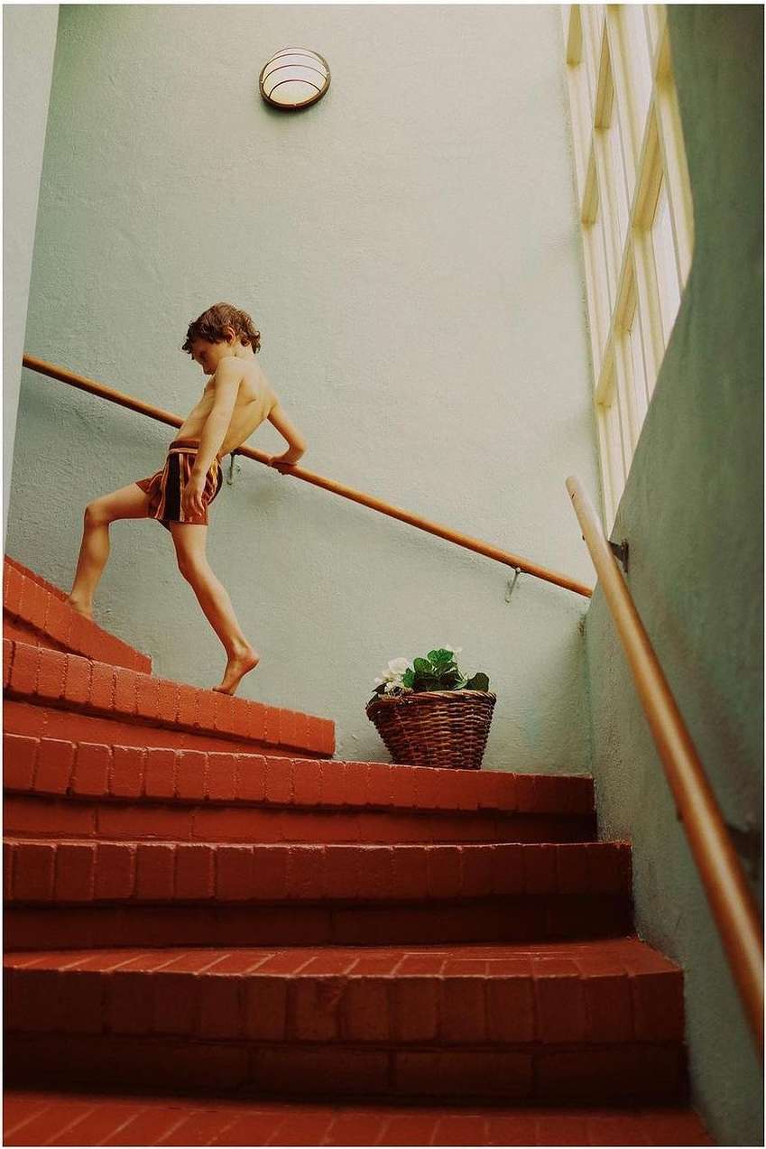Young boy walking up red brick steps with a wooden handrail in an indoor setting; a flower basket sits between the steps.