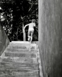 Monochrome rear view of a child running up outdoor concrete stairs toward lush foliage