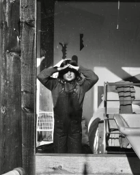 Monochrome portrait of a child wearing overalls holding hands to forehead in a sunlit room by Claire Guarry