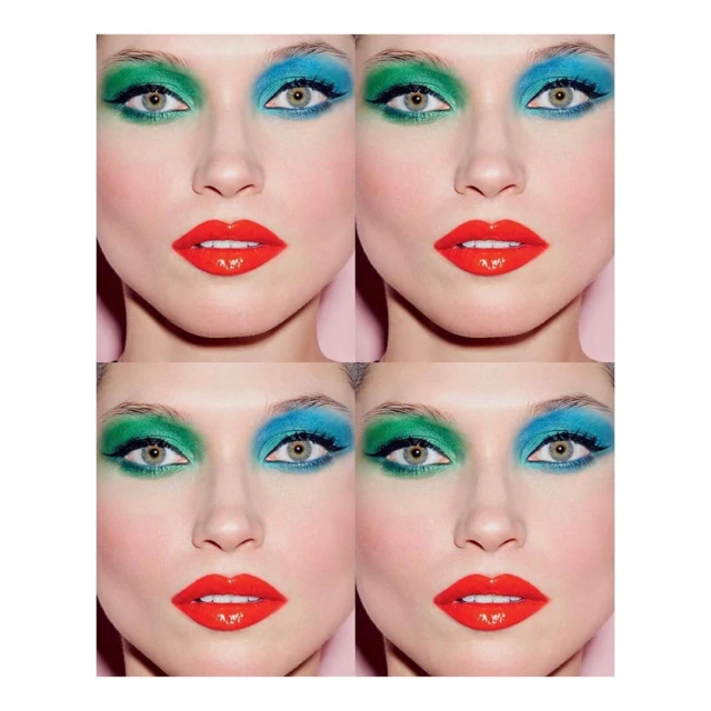 Four close-up portrait shots of a model with vibrant teal and green eye makeup and bright red lipstick on a light pink background.