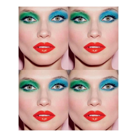 Four close-up portrait shots of a model with vibrant teal and green eye makeup and bright red lipstick on a light pink background.