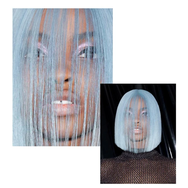 Close-up of a woman with light blue hair partially covering her face in a beauty shot, focusing on hair color and makeup.