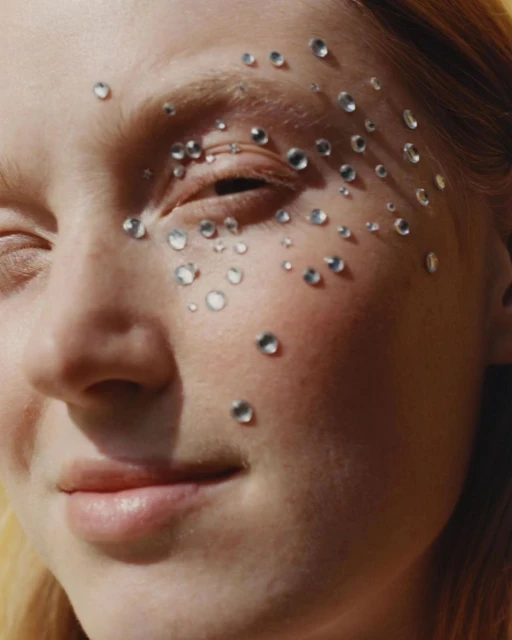 Close-up of a woman's face decorated with small, clear gems, showcasing a beauty or fashion concept with a focus on skin and face decoration.
