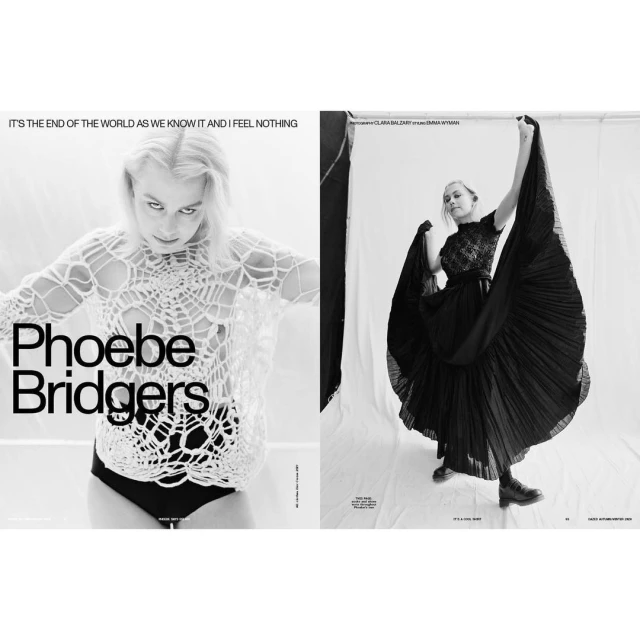 Two images of Phoebe Bridgers in black and white. One in a knit shirt and the other in a pleated black dress with boots.