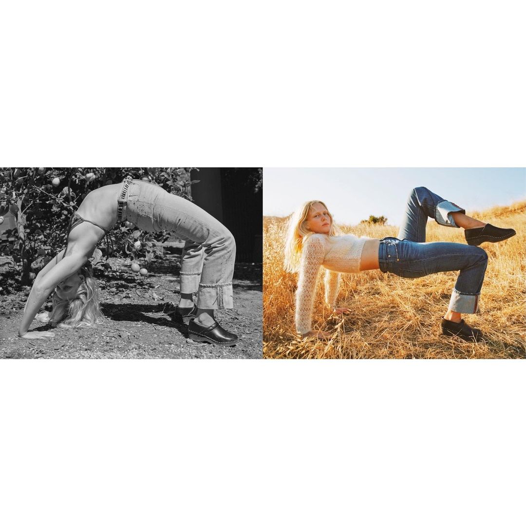 Two photos show a blonde adult female in a bridge pose. One is black and white in a garden, and the other is color in a field.